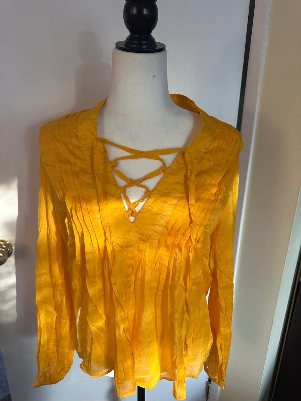 rag & bone Yellow Crinkle Lace-Up V-Neck Blouse